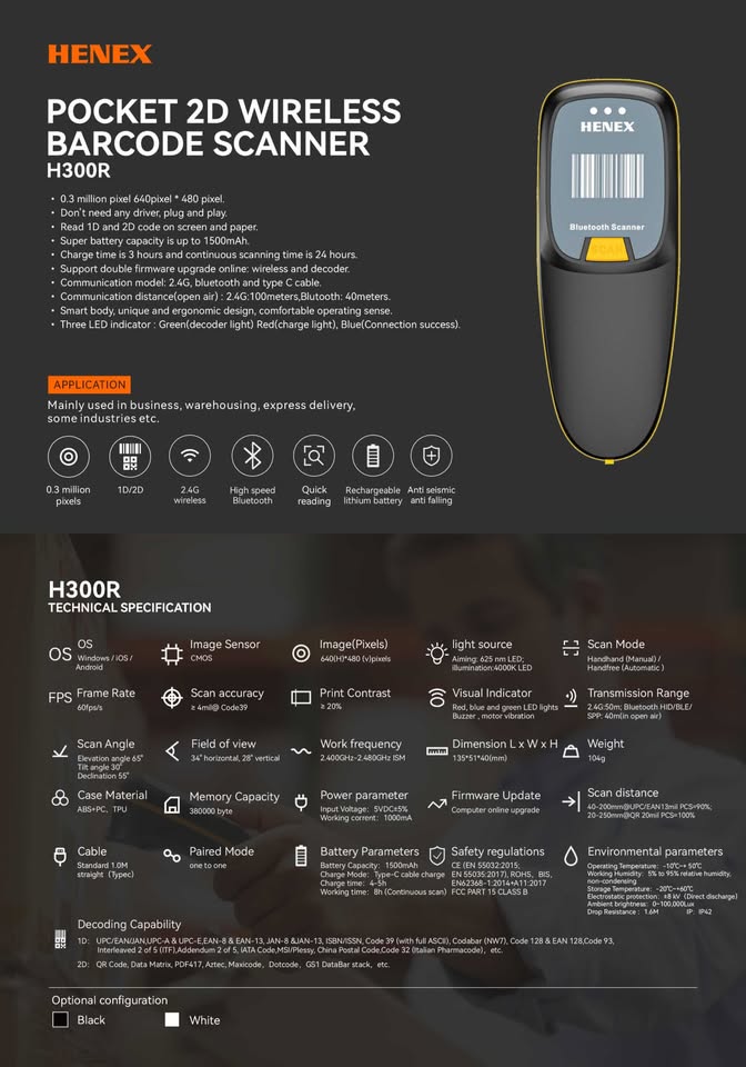 📦 Lecteur de codes-barres sans fil Henex HC-300R – Image 3